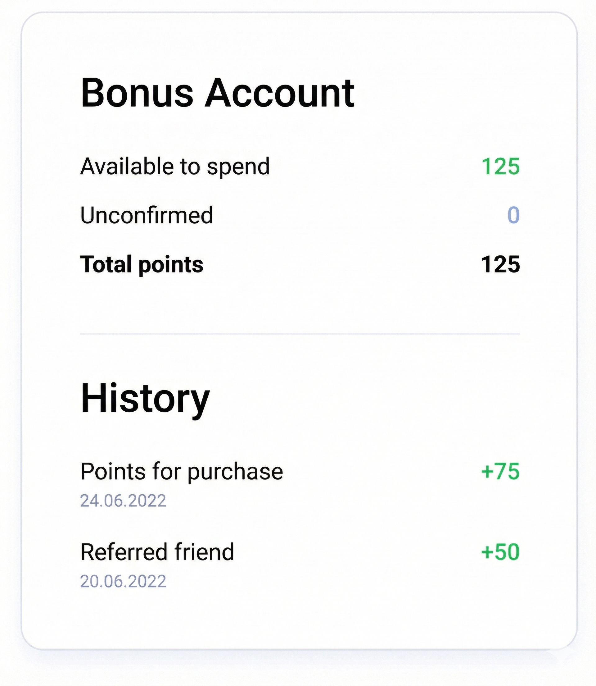 Personal Account — balance and points history